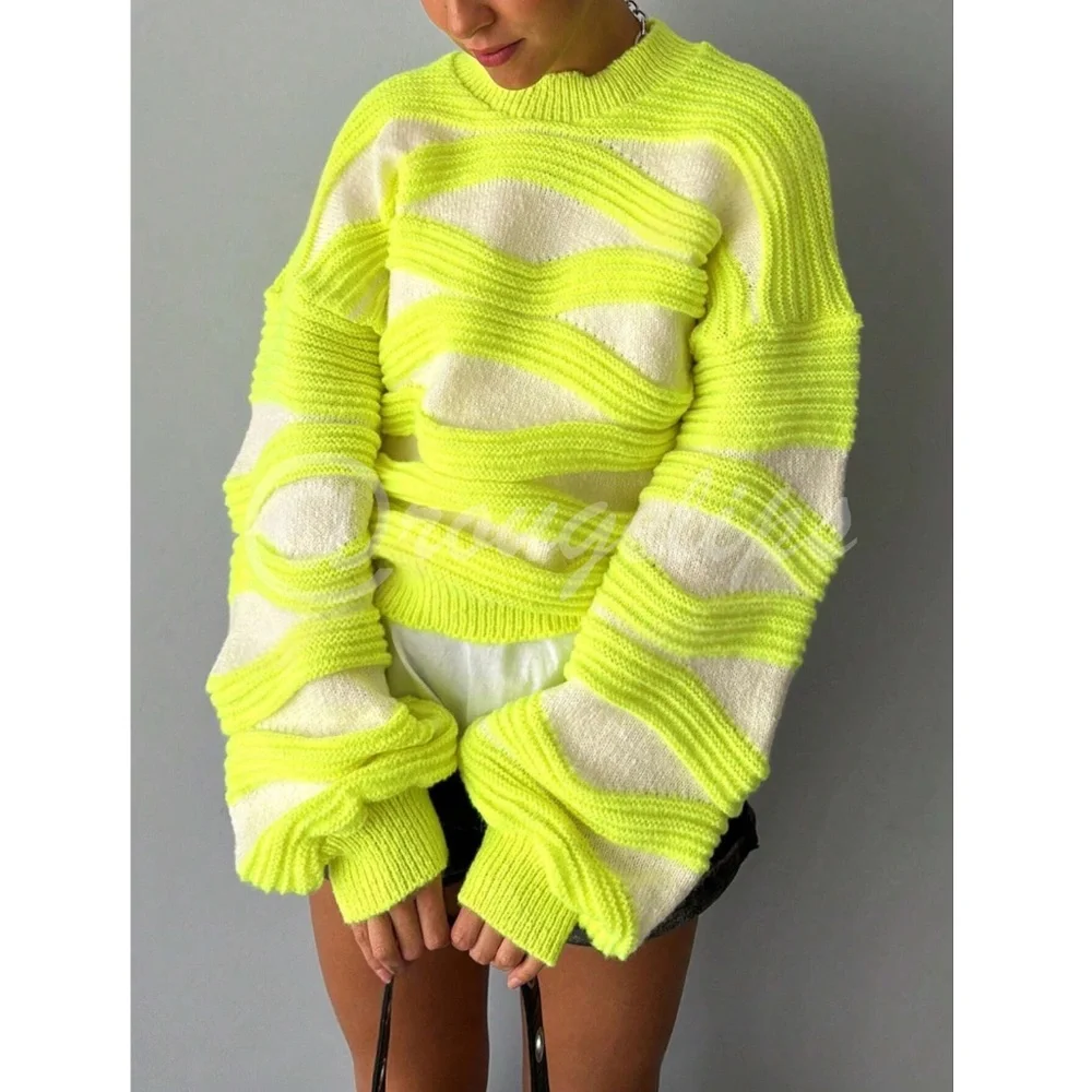 Textured Knit Pullover Sweater Lantern Sleeve Neon Yellow on Off White - Picture 3 of 6